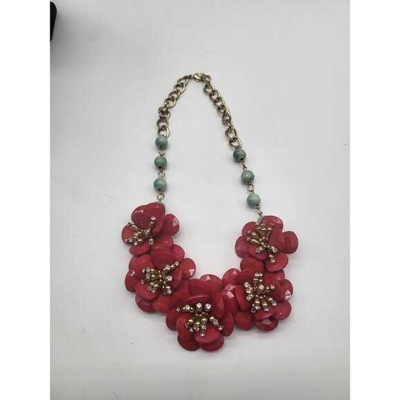 Anthropologie Camelia Red Floral Necklace Rhinestones Beaded Statement Romantic - Picture 5 of 10